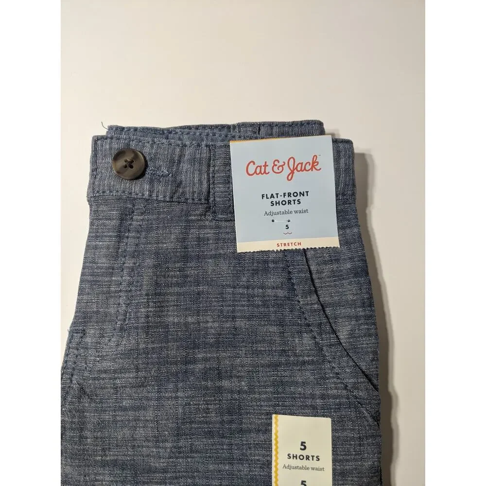 Cat & Jack Boys Flat Front Chino Shorts Blue 5 Stretchy Adjustable Waist Pockets